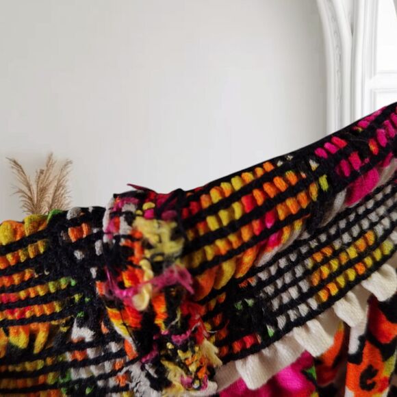 Vintage 70s Flower Power Smocked Tube Dress Size M Dayglo Bark Cloth Maxi Skirt - Picture 12 of 15